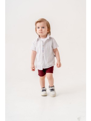 Chicsy Baby Tarz Gömlekli Çizgili Belden Ayarlanabilir Kısa Kollu Şortlu 3\'lü Takım Bayramlık Düğünlük