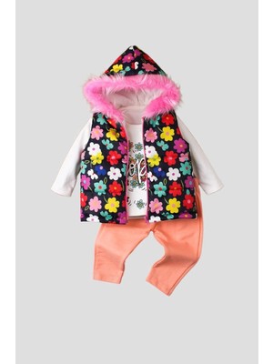 Kidex’s Baby Bebek Şişme Mont Kapüşonlu Papatya Desenli Alt Üst Üçlü Takım