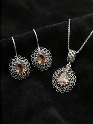 Roza Silver 925 Ayar Gümüş Zultanit Taşlı Elişi Geleneksel Oval Telkari Kolye-Küpe 2'li Set
