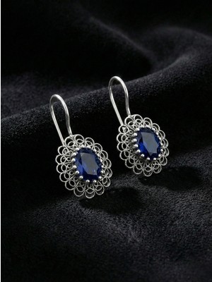 Roza Silver 925 Ayar Gümüş Safir Taşlı Elişi Geleneksel Oval Telkari Küpe
