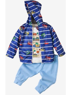 Kidex’s Baby Araba Desenli Kapüşonlu Içi Pamuklu Yağmurluk Bebek Takımı