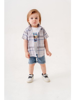 Chicsy Baby Tarz Gömlekli Kareli Belden Ayarlanabilir Kısa Kollu Şortlu 3\'lü Takım Bayramlık Düğünlük