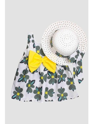 Chicsy Baby Şapkalı Üç Yapraklı Büyük Çiçek Desenli  Kız Bebek Elbisesi