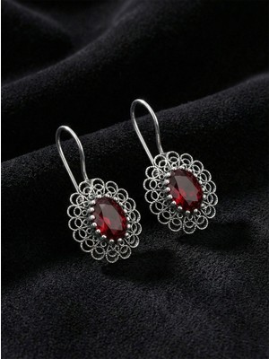 Roza Silver 925 Ayar Gümüş Lal Taşlı Elişi Geleneksel Oval Telkari Küpe