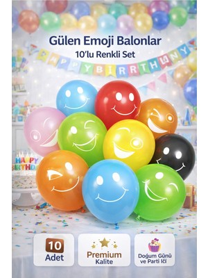 10'lu Gülen Emoji Balon Seti – Renkli Latex Doğum Günü Parti Balonları (11 Inç)