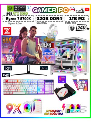 Zeiron Warrior Eagle X55 White Pro Ryzen 7 5700X 32GB 1tb M.2 SSD RTX5060 27" 240Hz Sıvı Soğutmalı Premium Oyuncu Bilgisayar