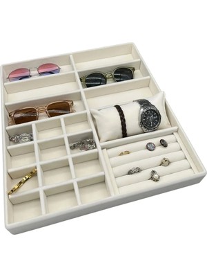 Yerli Üretim Süet Kumaş Takı Sergileme Çekmecesi, Krem Renk, 38 cm / 35 cm