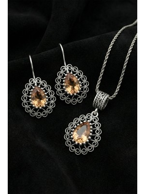 Roza Silver 925 Ayar Gümüş Zultanit Taşlı Elişi Geleneksel Damla Telkari Kolye-Küpe 2'li Set
