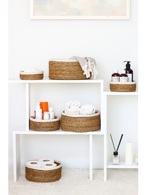 7'li Doğal Hasır ve Jüt Örme Beyaz Kenarlı Çok Amaçlı Organizer