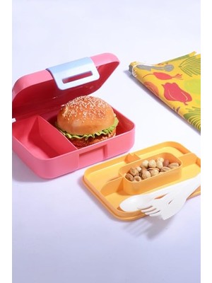 Design Kendinden Kaşıklı 5 Bölmeli 2 Katlı Beslenme Kutusu (Pembe)