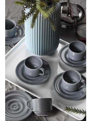 Kütahya Porselen New Tuvana 12 Parça Kulplu Gri Porselen Kahve Takımı Desensiz 6 Kişilik