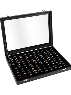 Camlı Kapaklı 100 Lü Yüzük Tablası Siyah Süet, Zarif ve Şık Tasarım