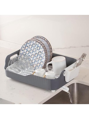 Royal Rain Store AKL-060 Gri Lüks Tabaklık Bulaşıklık-Yönlendirilebilir Su Akıtma Kanallı Bulaşık Sepeti-Kaşıklıklı