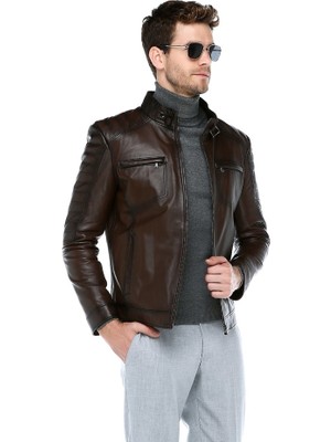 Erkekler İçin Dericlub E-502 Deri Ceket 5XL Camel Renk Düz Desenli Şık Mont