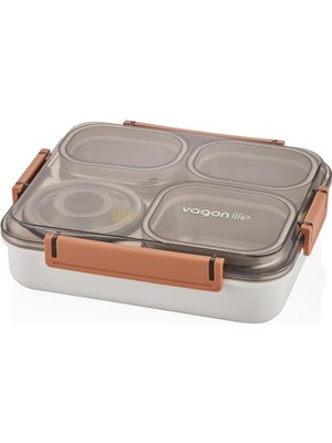 Royal Rain Store Bento 1200ML Lunchbox Tek Katlı 4 Bölmeli ve Kaseli Çelik Sefer Tası Yemek Kutusu (Turuncu)