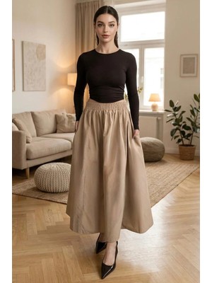 Madmext Bej Beli Lastikli Midi Boy Kadın Etek MG2616