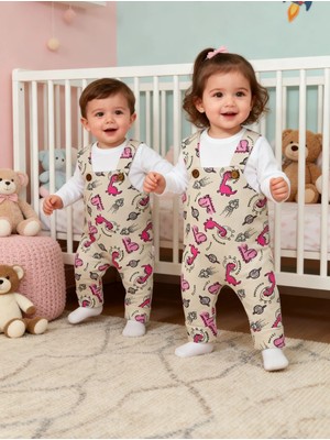 Pitiko Eğlenceli Desen 2'li Bebek Salopet Seti(Tişört+salopet)