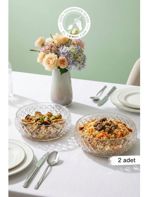 El Yapımı Orta Boy Cam Salata Kasesi, 2'li Set