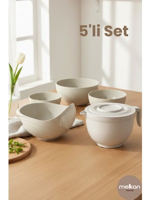 Kapaklı Mikser Kase ve Süzgeçli 5'li Büyük Yuvarlak Kase Seti