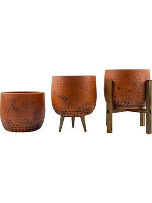 Royal Rain Store Tasarımı Ev Dekorasyon Aksesuar Siyah Nokta Desenli Toprak Saksı Saksılık Salon Çiçeklik Üçlü Set - 19 cm