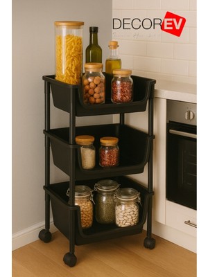3 Katlı Tekerlekli Çok Amaçlı Plastik Organizer Raf Siyah