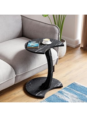 Royal Rain Store Jet Tekerlekli C Sehpa Koltuk Sehpası Yan Sehpa Zigon Sehpa Servis Sehpası - Siyah Mermer Desen