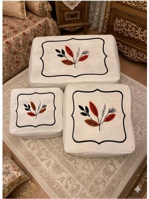 Kadife Punch Işlemeli 3'lü Krem Bohça Seti, Nişan ve Düğün Hediyesi