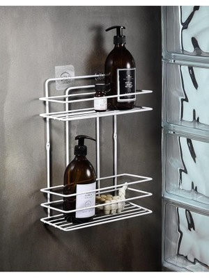 Royal Rain Store Haus Ömür Boyu Paslanmaz Duvara Yapışkanlı 2 Katlı Banyo Düz Şampuanlık Düzenleyici Beyaz Tş-02