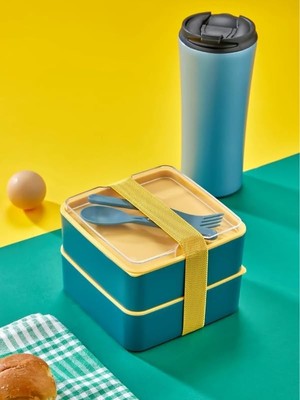 Royal Rain Store Prime Pratik ve Şık Beslenme Kutusu 2 Katlı Bölmeli, Kaşıklı ve Çatal Setli, Taşınabilir Gıda Saklama Kabı Yeşil