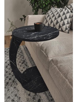 Royal Rain Store Tekerlekli C Sehpa Koltuk Sehpası Yan Sehpa Zigon Sehpa Servis Sehpası - Siyah Mermer Desen