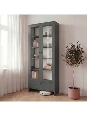 BBF Furniture Antrasit Cam Kapaklı Modern Kitaplık ve Vitrin Dolap – Çekmeceli, Çok Amaçlı Saklama Ünitesi