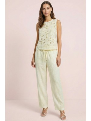 Guitar Sıfır Kol Bej Keten Bluz