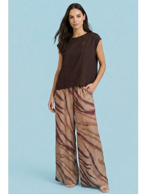 Guitar Dökümlü Kahverengi Keten Bluz