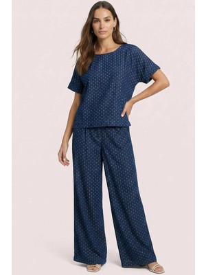 Guitar Dökümlü Mavi Puantiyeli Bluz