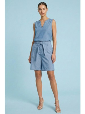 Guitar Düz Kesim Mavi Non-Denim Bluz