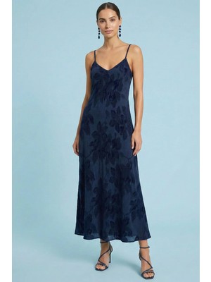 Guitar Askılı Lacivert Jakarlı Elbise