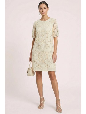 Guitar Diz Üstü Bej Keten Elbise