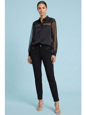 Guitar Dökümlü Siyah Saten Gömlek