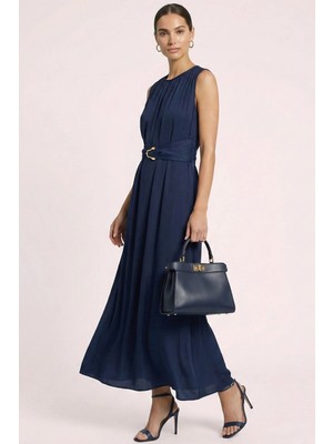 Guitar Dökümlü Lacivert Saten Elbise