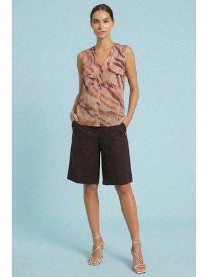 Guitar Yandan Cepli Kahverengi Keten Bermuda