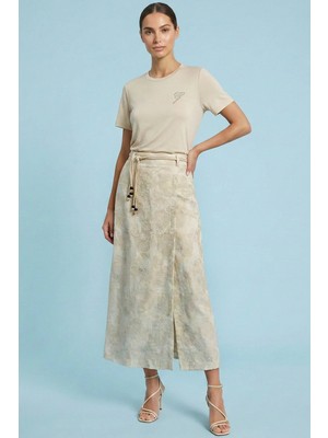 Guitar Düz Kesim Bej Penye T-Shirt