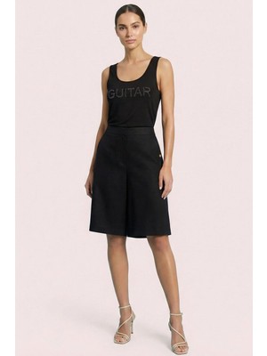 Guitar Askılı Taş Detaylı Siyah Penye T-Shirt