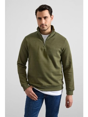 Süvari Haki Regular Düz Yarım Balıkçı Yaka Sweatshirt