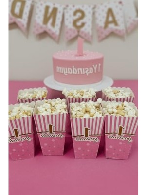 MarkEntegra 1 Yaş Doğum Günü Için Pembe Popcorn Kutuları, 8 Adet, Şık Tasarım