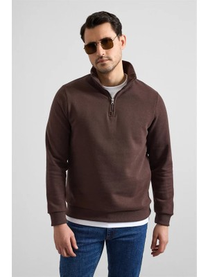 Süvari Koyu Kahve Regular Düz Yarım Balıkçı Yaka Sweatshirt