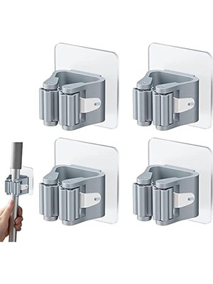 Royal Rain Store Trend 4 Adet Süpürge Mop Tutucu Duvar Kendinden Yapışkanlı Duvar Delme Gerektirmez (Gri)