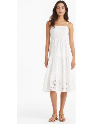 DeFacto Kare Yaka Terry Cotton Beyaz Askılı Midi Elbise F9270AX25SM