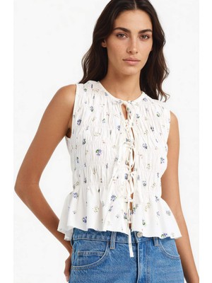 DeFacto %100 Pamuk Fitted Bisiklet Yaka Çiçek Desenli Önden Bağlamalı Poplin Kolsuz Bluz F7577AX25AU