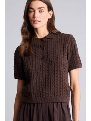 DeFacto Polo Yaka Kısa Kollu Ajurlu Triko Kazak F7870AX26SM