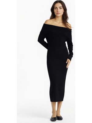 DeFacto Fitted Açık Omuz Ribana Uzun Kollu Midi Elbise D6840AX25AU